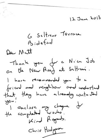 barnstaple roofing testimonial