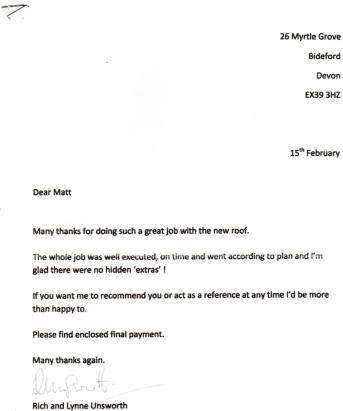 devon roofing testimonial